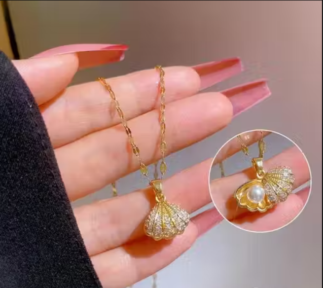 Gold Shell Locket Necklace with Pearl & Crystals