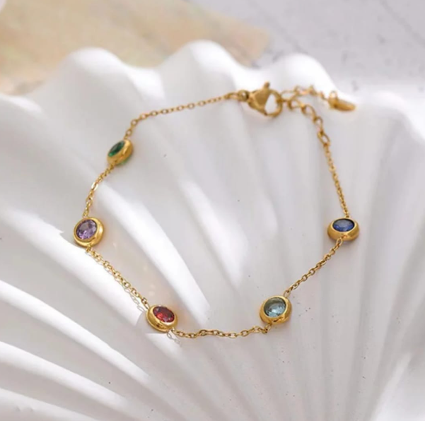 Gold Multi Gemstone Charm Bracelet – Colorful Crystal Accents