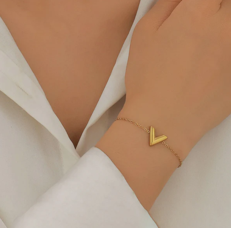 Minimalist Gold V Initial Charm Bracelet