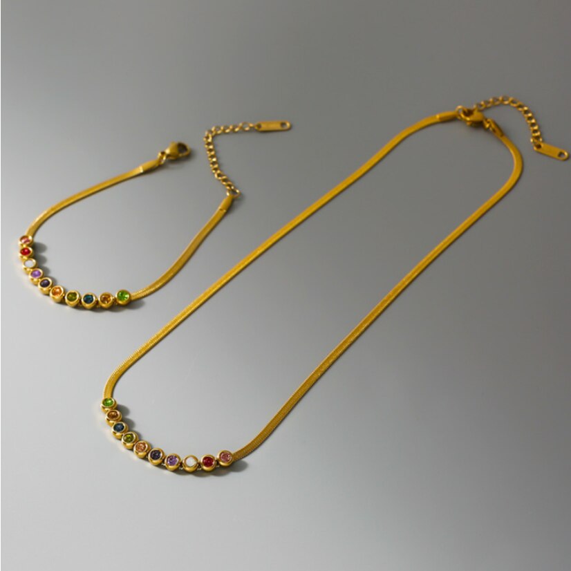 Golden Rainbow Stone Snake Chain Necklace & Bracelet Combo – Minimalist Gold Plated Jewelry Set