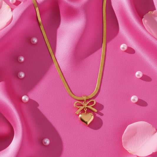 Bow & Heart Gold-Plated Snake Chain Pendant