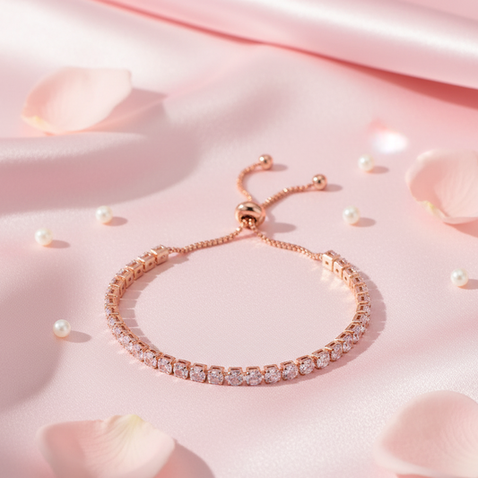 Rose Gold-Plated Round Cut Zirconia Tennis Bracelet – Adjustable & Anti-Tarnish
