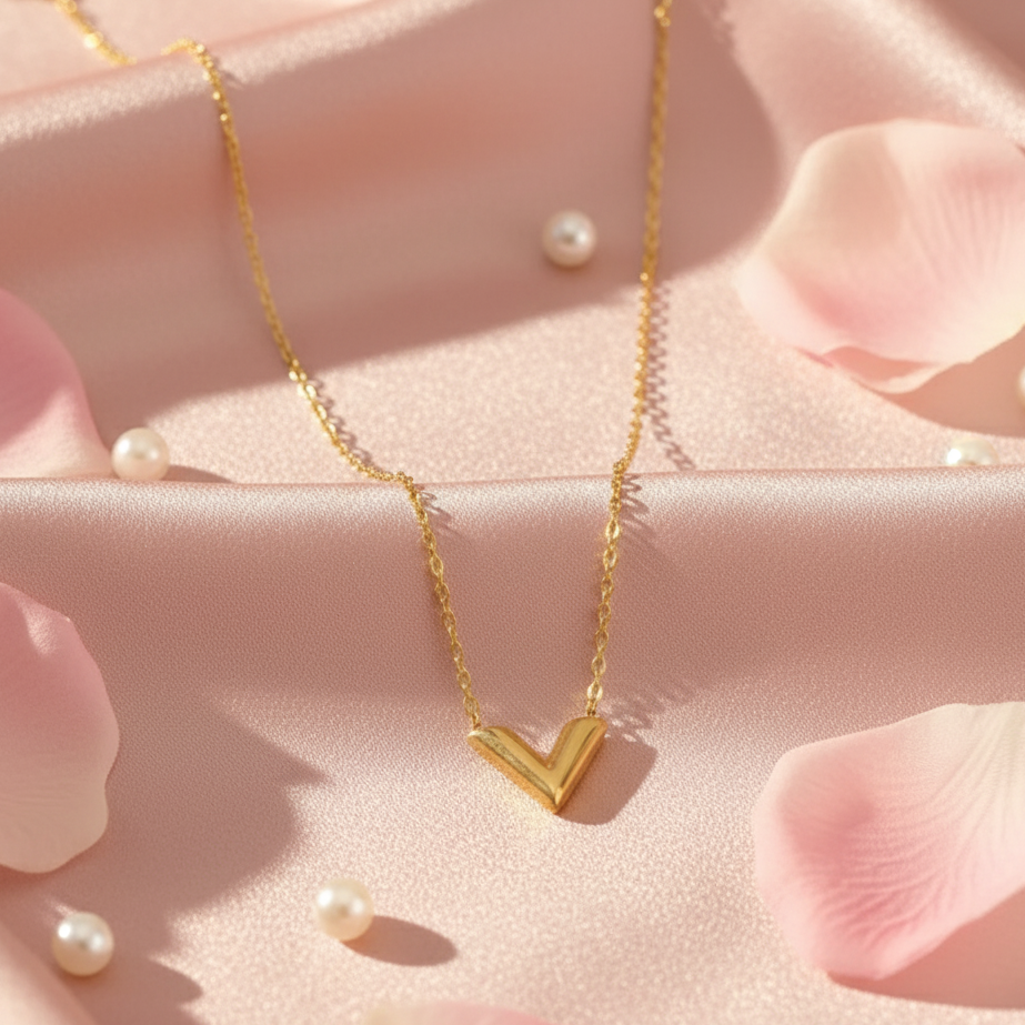 Gold necklace with a v pendant on a pink floral background