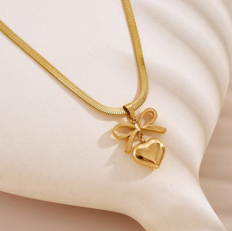 Bow & Heart Gold-Plated Snake Chain Pendant