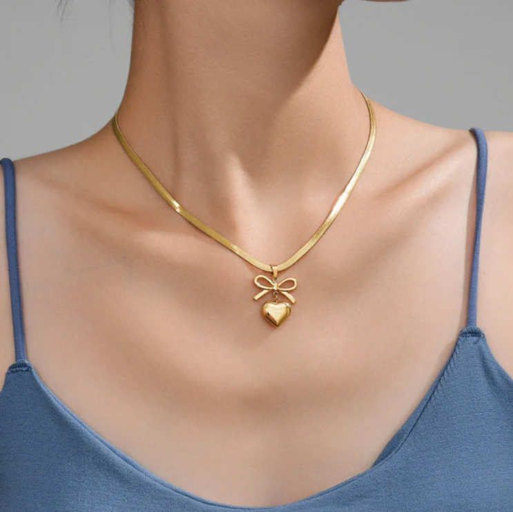 Bow & Heart Gold-Plated Snake Chain Pendant