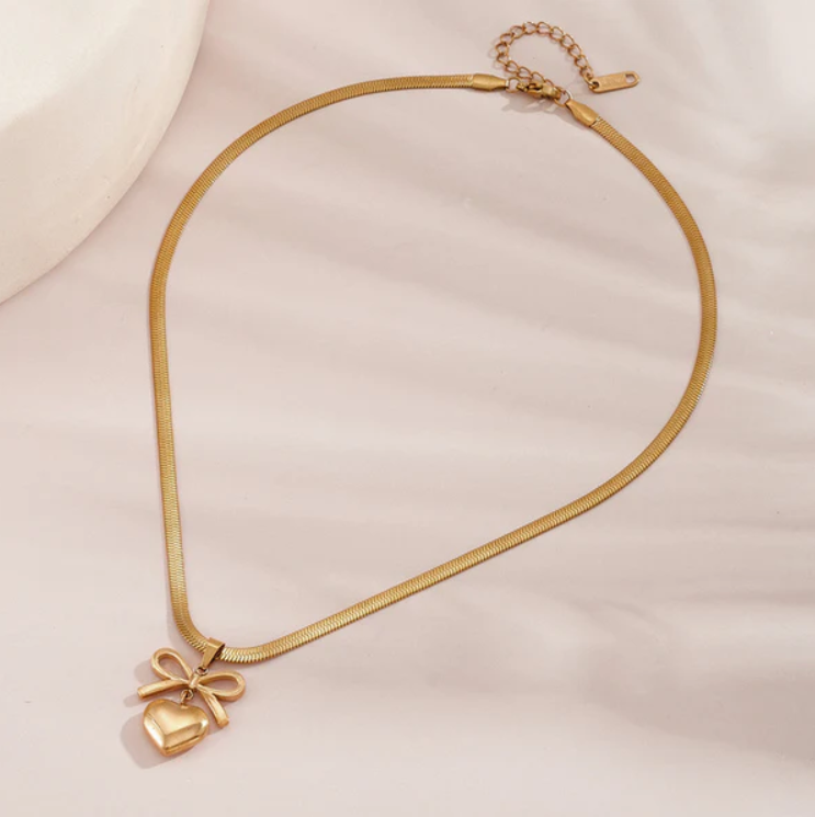 Bow & Heart Gold-Plated Snake Chain Pendant