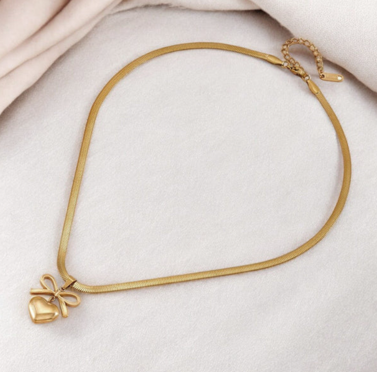 Bow & Heart Gold-Plated Snake Chain Pendant