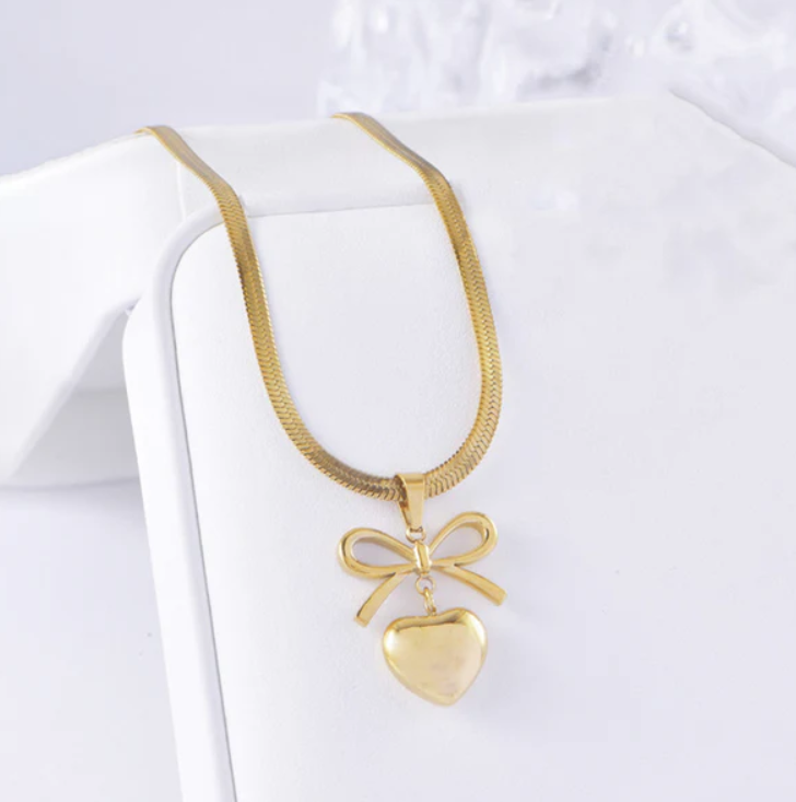 Bow & Heart Gold-Plated Snake Chain Pendant