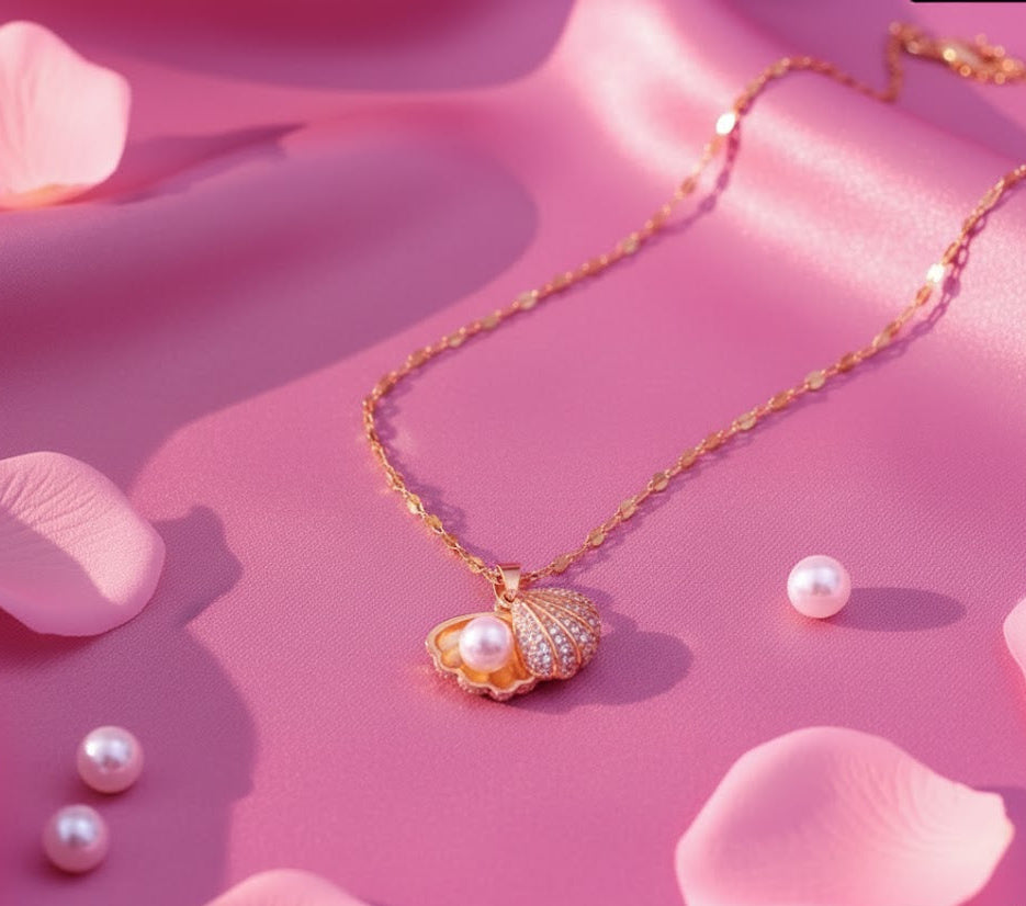 Gold Shell Locket Necklace with Pearl & Crystals