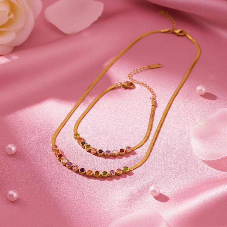 Golden Rainbow Stone Snake Chain Necklace & Bracelet Combo – Minimalist Gold Plated Jewelry Set