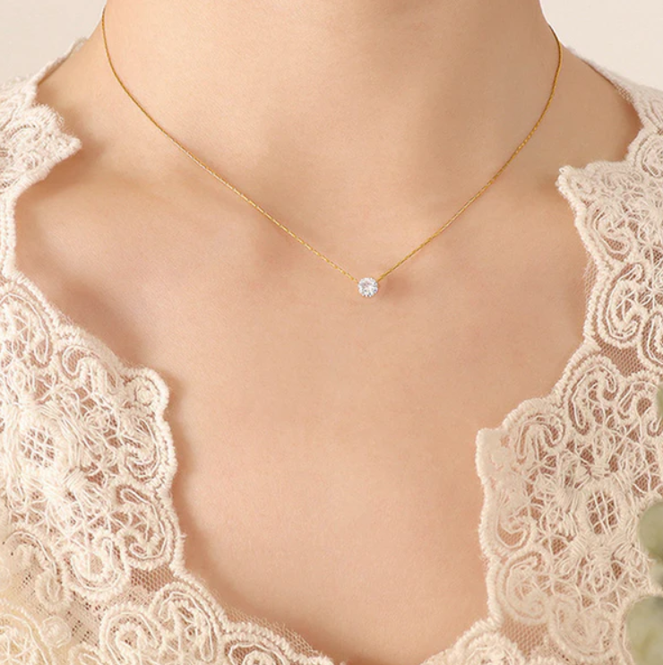 Minimalist Gold Solitaire Crystal Pendant Necklace