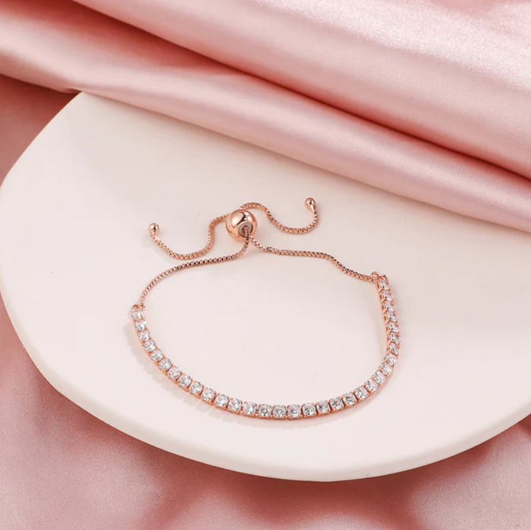 Rose Gold-Plated Round Cut Zirconia Tennis Bracelet – Adjustable & Anti-Tarnish