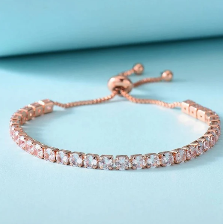 Rose Gold-Plated Round Cut Zirconia Tennis Bracelet – Adjustable & Anti-Tarnish
