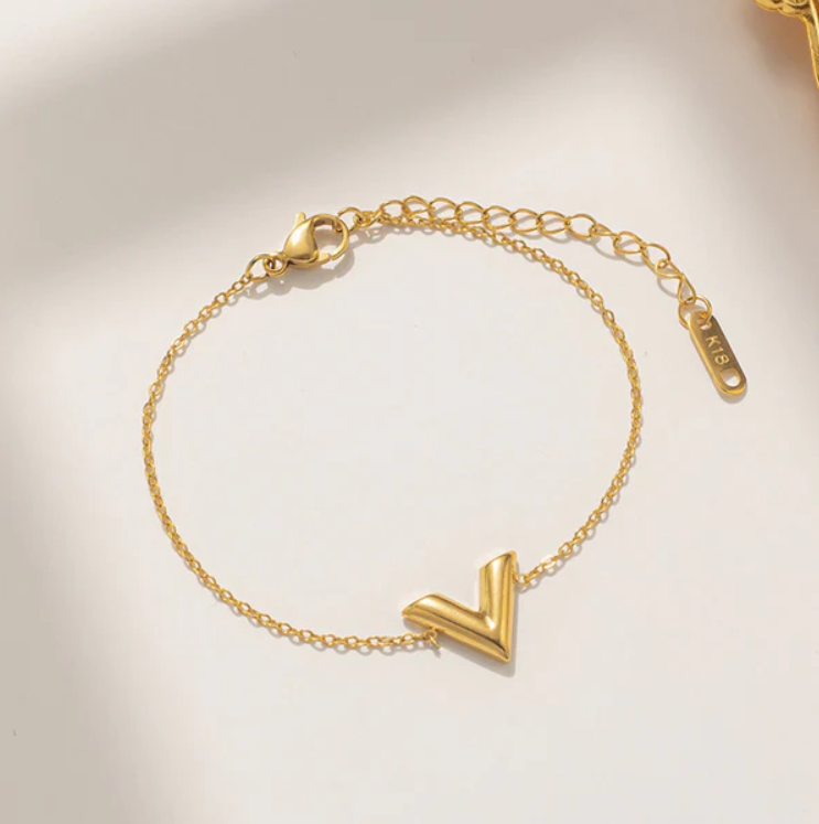 Minimalist Gold V Initial Charm Bracelet
