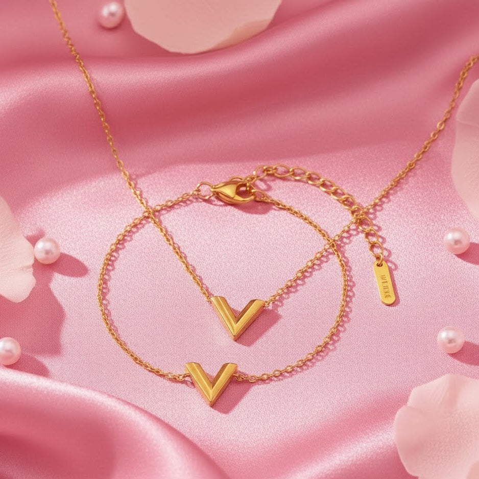 Elegant "V" Necklace & Bracelet Combo – Minimalist Gold Plated Jewelry Set